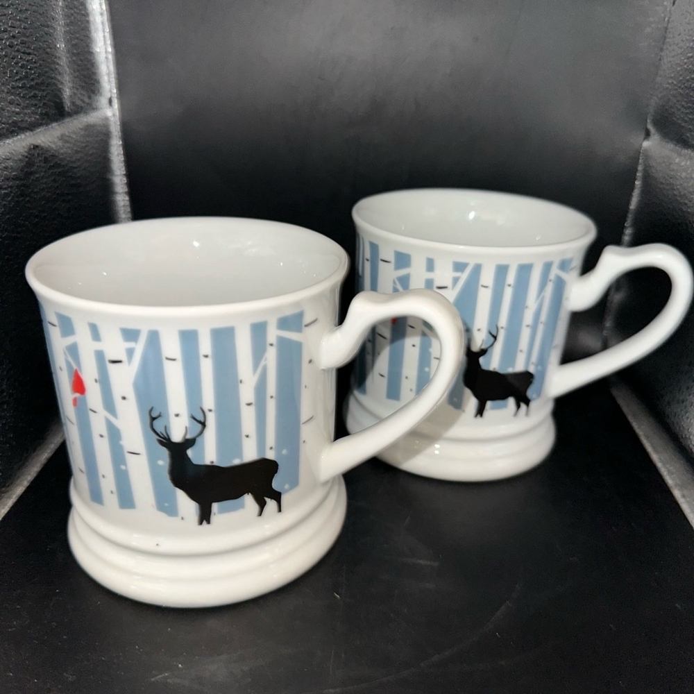 NWOT Stonewall Kitchen Winter Cardinal Deer Birch Tree Scene Coffee Mug Set of 2